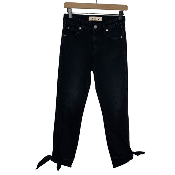 AMO Jeans Womens 23 Mid Rise Skinny Cropped Ankle Tie Bow Black Denim - Picture 1 of 12